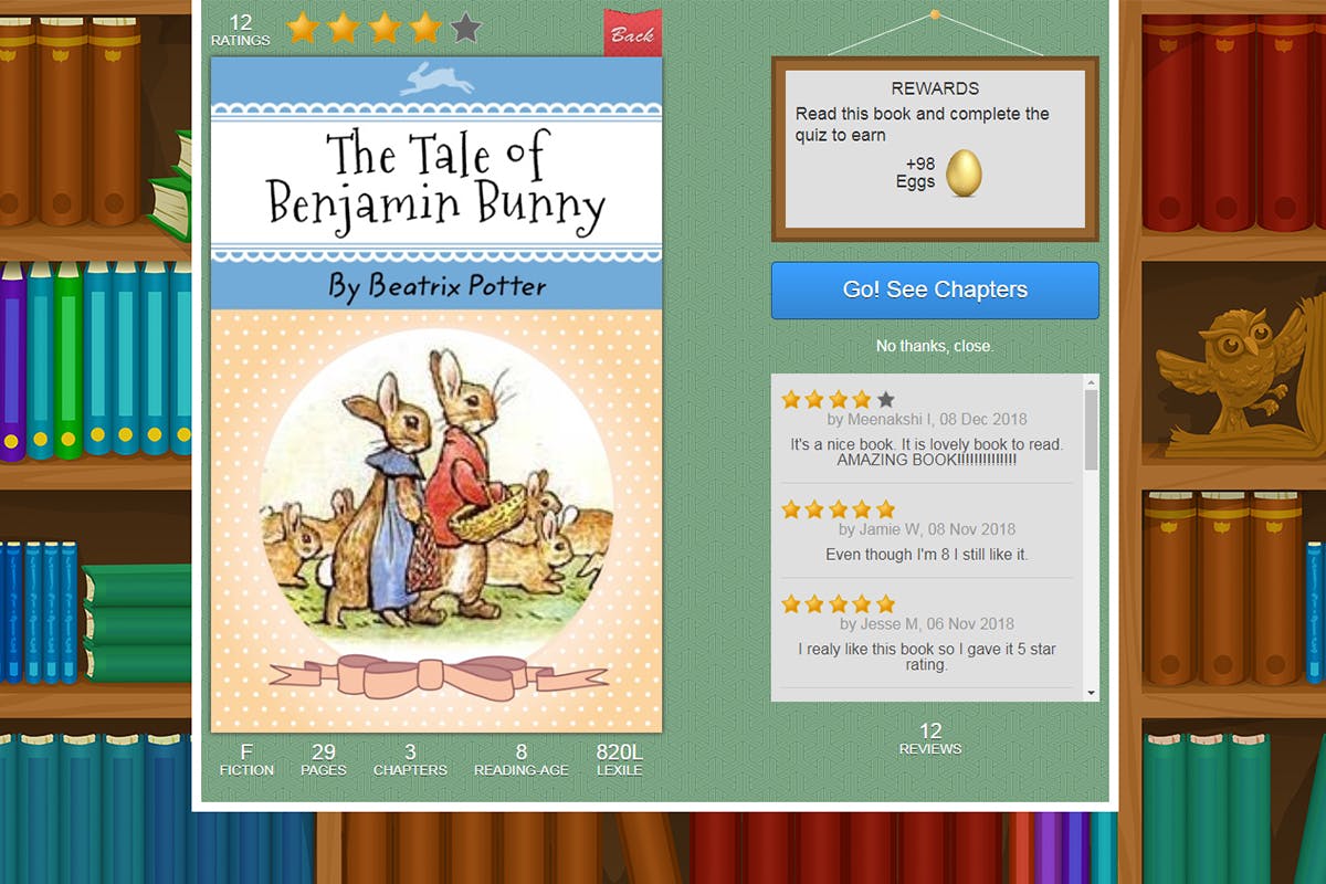 A screenshot of the Reading Eggs online library with a cover of a Beatrix Potter book.