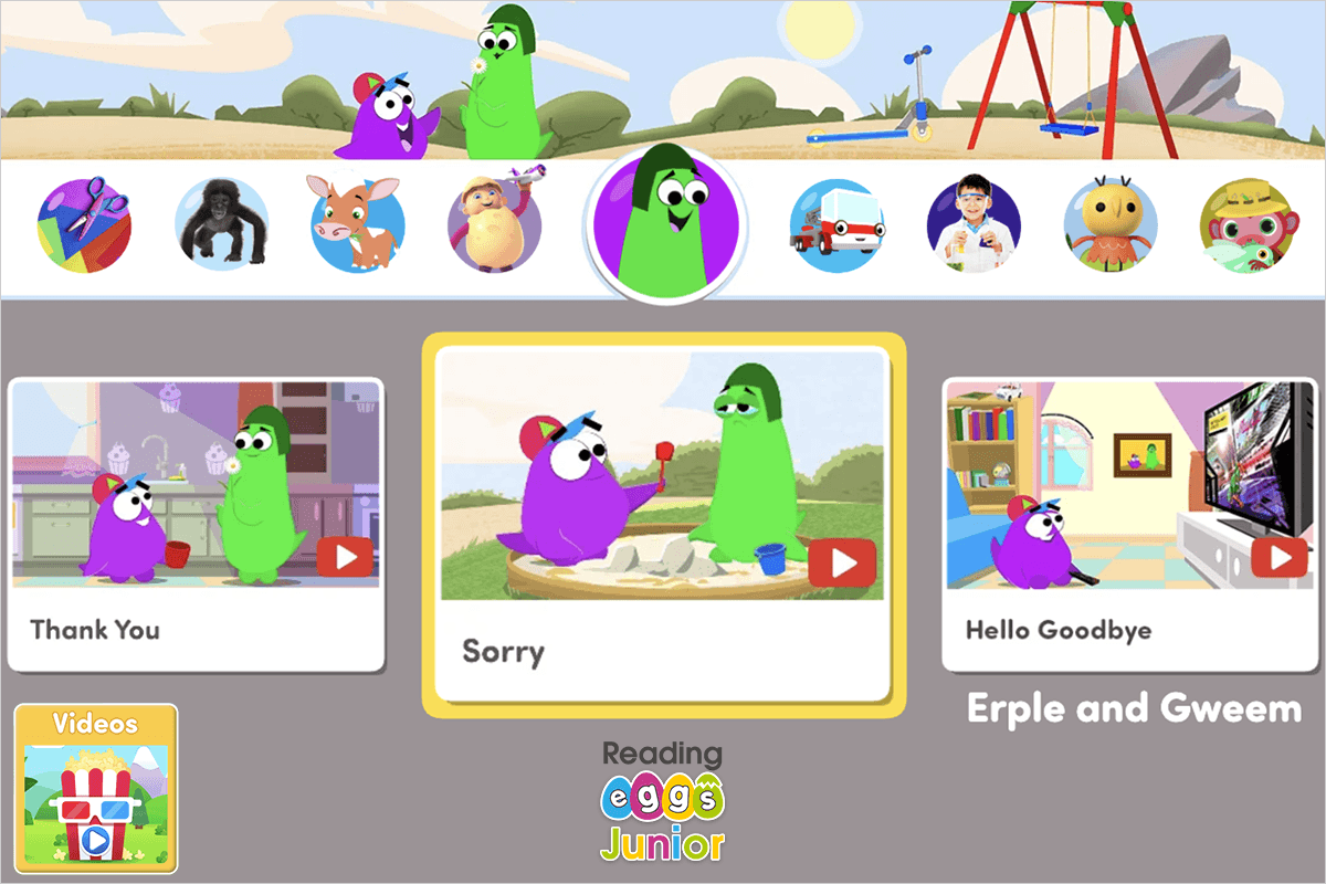 The Erple and Gweem video series in Reading Eggs Junior models good social skills for children