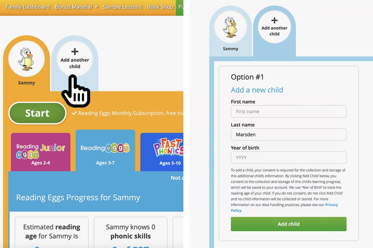 screenshots demonstrating how to add a child to a Reading Eggs account through the Family Dashboard