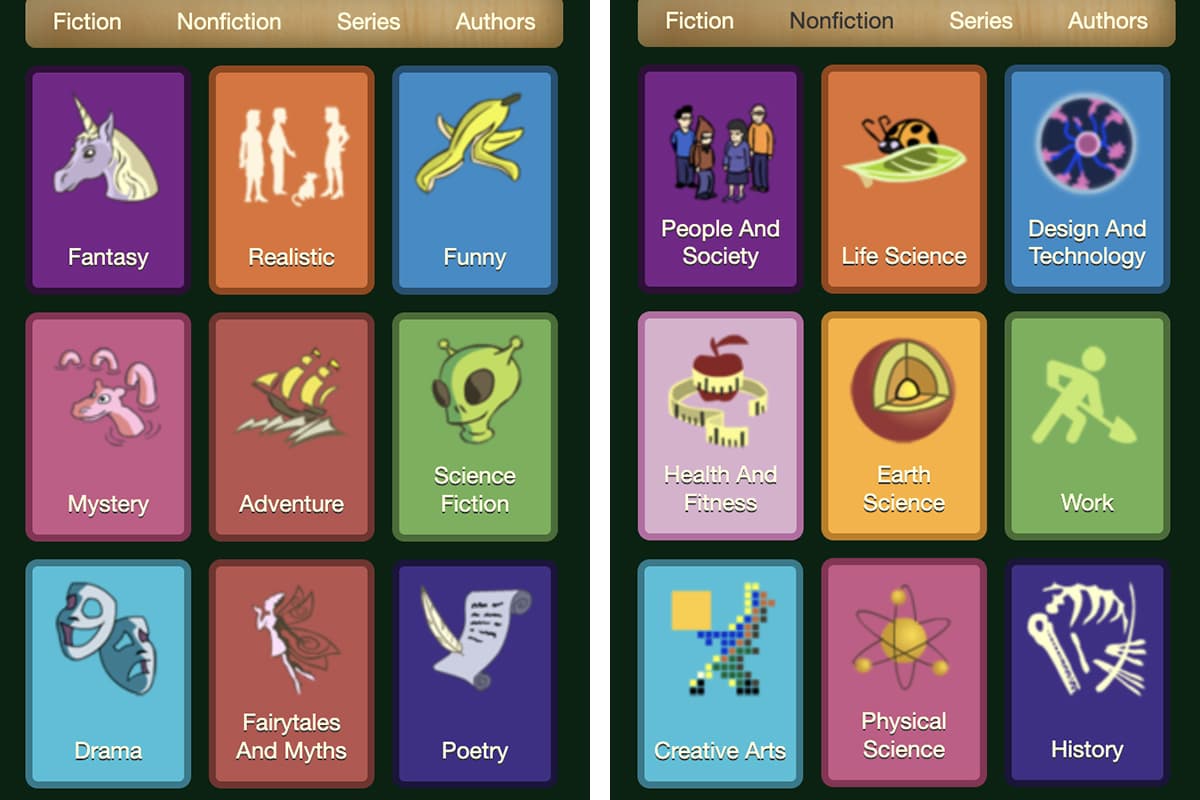 Screenshot of the Reading Eggs online library for kids, showing the fiction and nonfiction genres available to choose from.