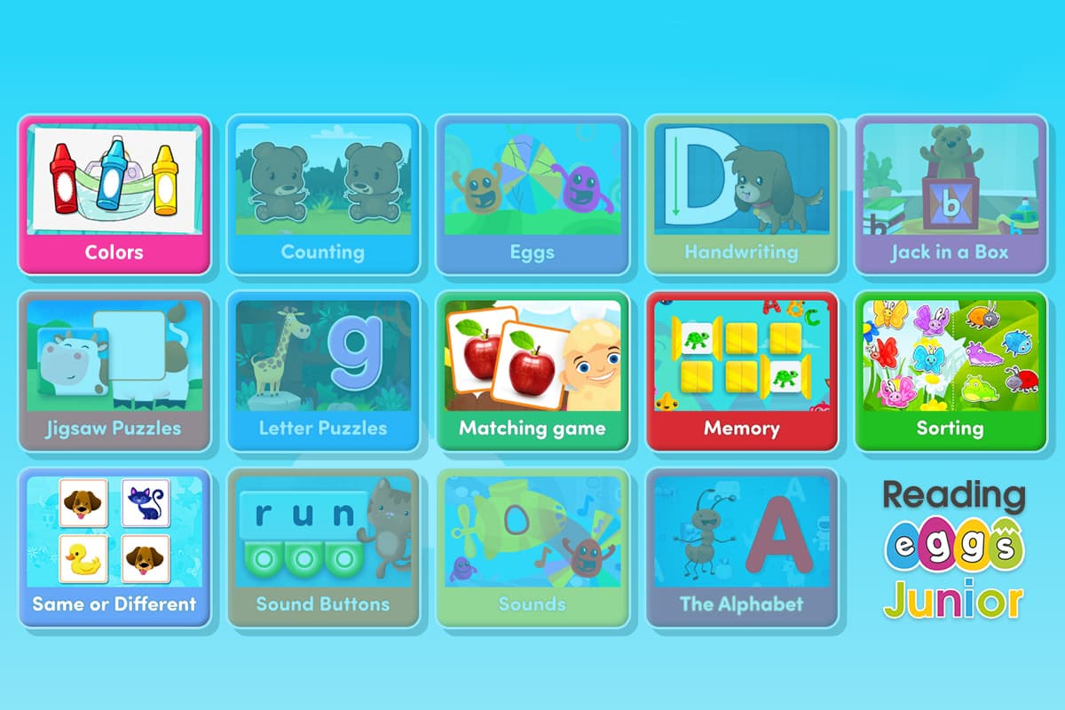 The five different types of toddler matching games in Reading Eggs Junior.