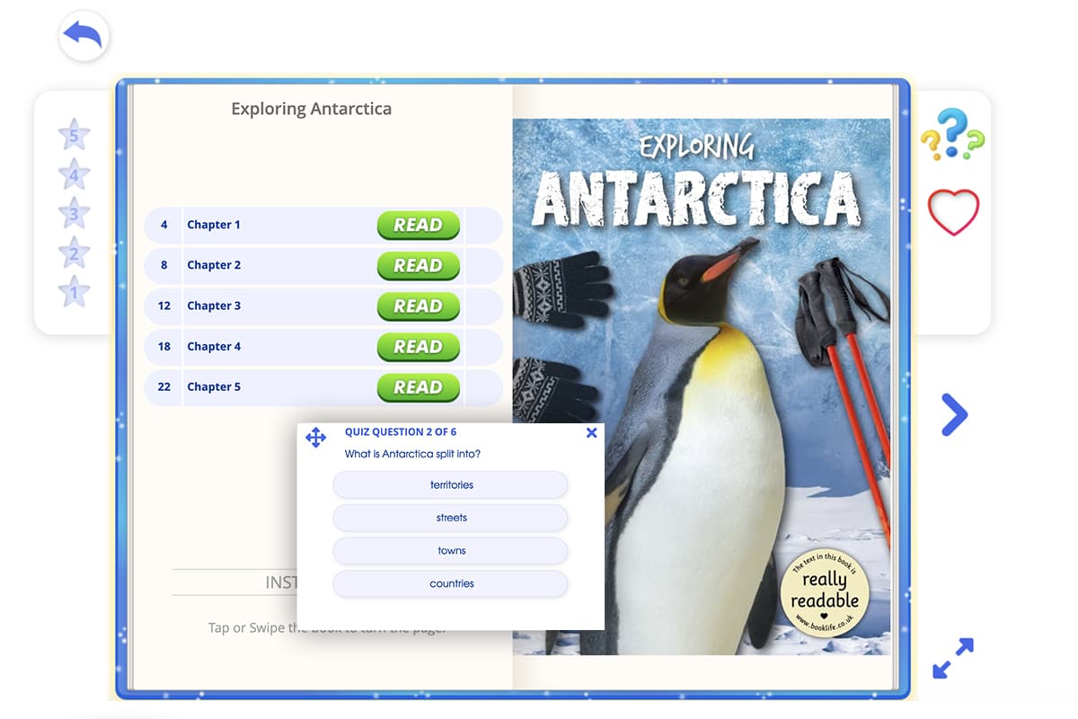 Screenshot of a nonfiction book for kids titled Exploring Antarctica in the Reading Eggs library; the book includes a comprehension quiz at the end of each chapter