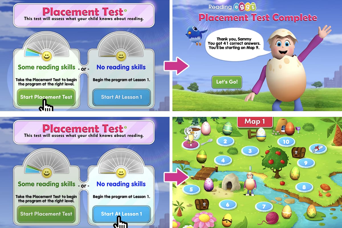 Screenshots of the Reading Eggs Placement Test and personalized learning program