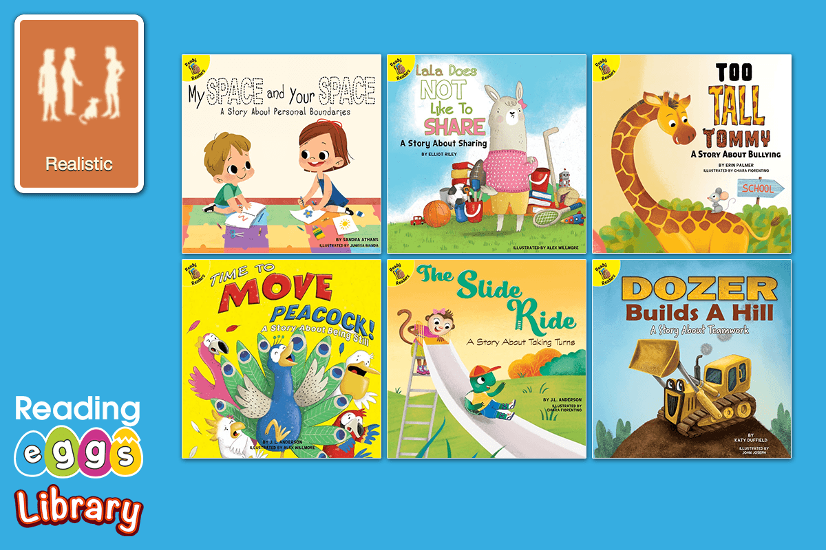 some of the books in the Reading Eggs Library about social skills that cover bullying, sharing, personal boundaries, being still, taking turns, and teamwork.